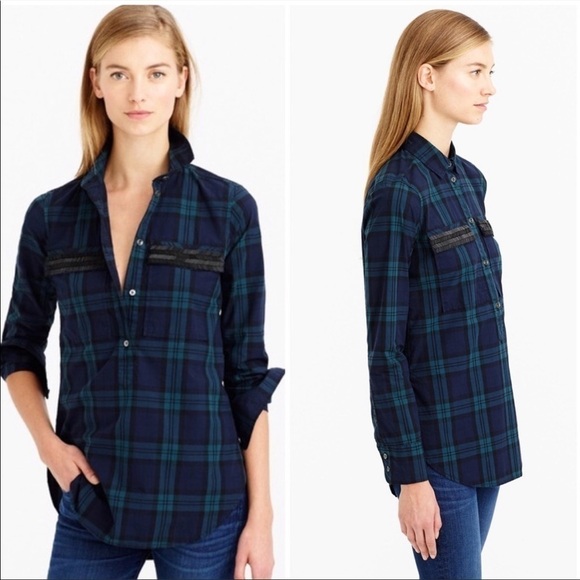 J. Crew Tops - J. Crew | Beaded Chevron Blue Plaid Popover Shirt with Embellished Pockets